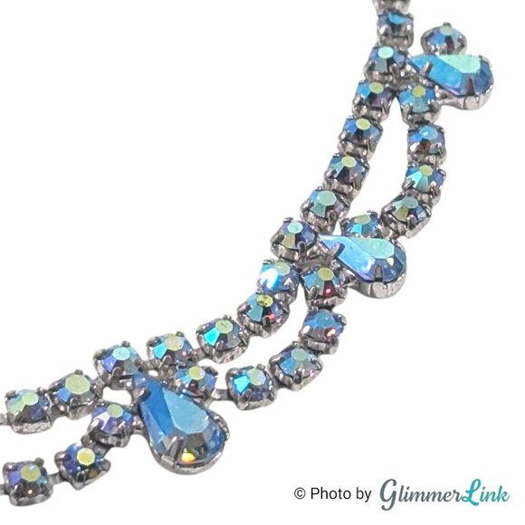 Vintage B David Scalloped Blue AB Rhinestone Mid Century Silver Tone Necklace - Picture 5 of 13